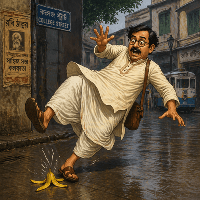 A gentleman slipping on a banana skin