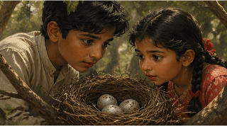 A brother-sister duo peering into a bird's nest